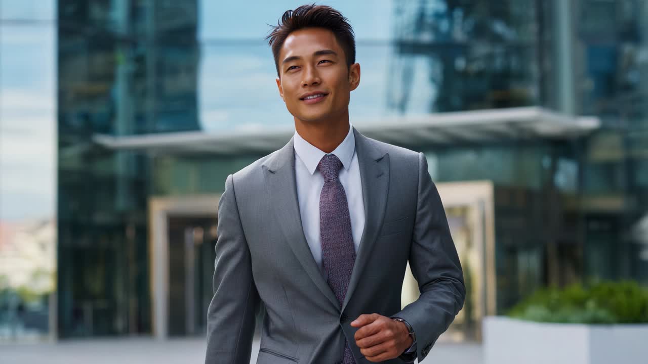 A Sophisticated Businessman in Formal Attire Transitioning Between Scenes, Exuding Confidence and Professionalism in a Modern Urban Environment with Glass Facades and Corporate Aesthetic