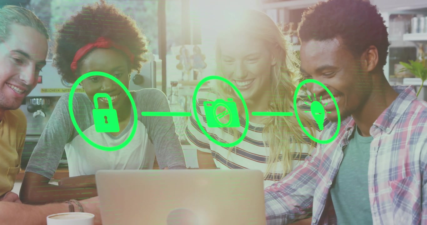 Animation of icons connected by line and dots forming shapes over diverse friends looking in laptop
