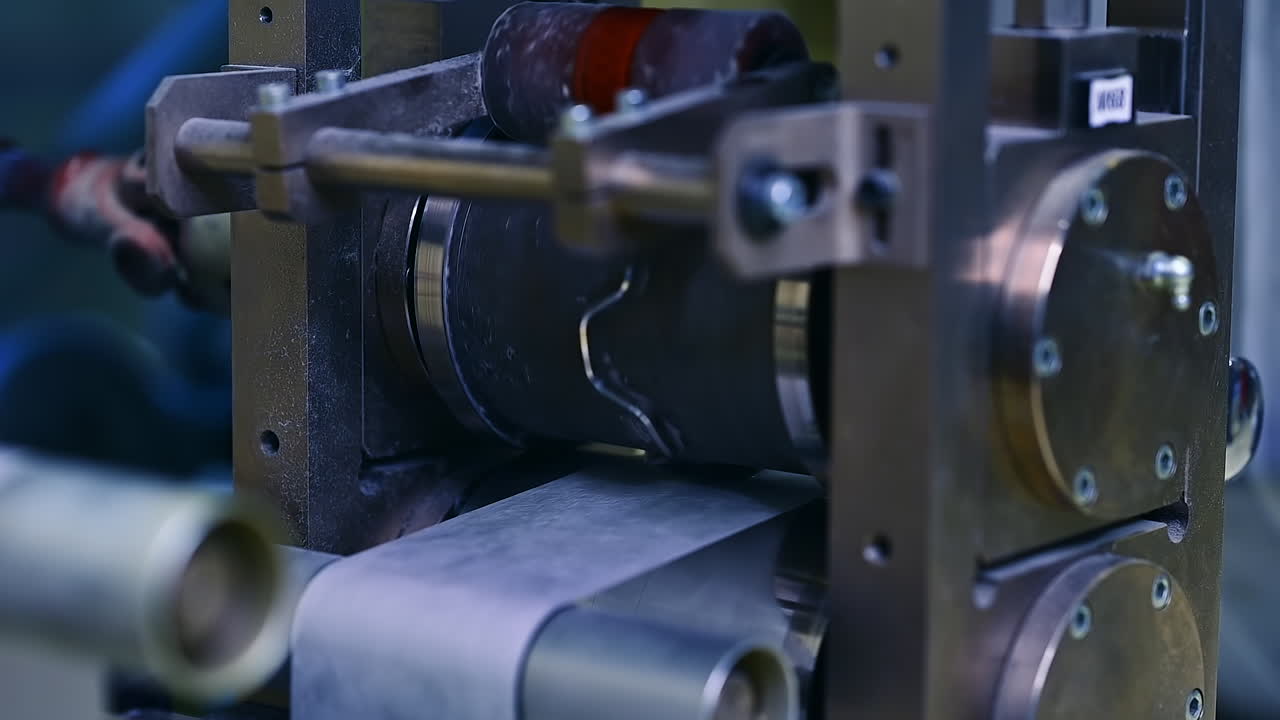 Technological equipment for producing diapers at the factory. Shafts and rollers spinning at conveyor line. Close up.