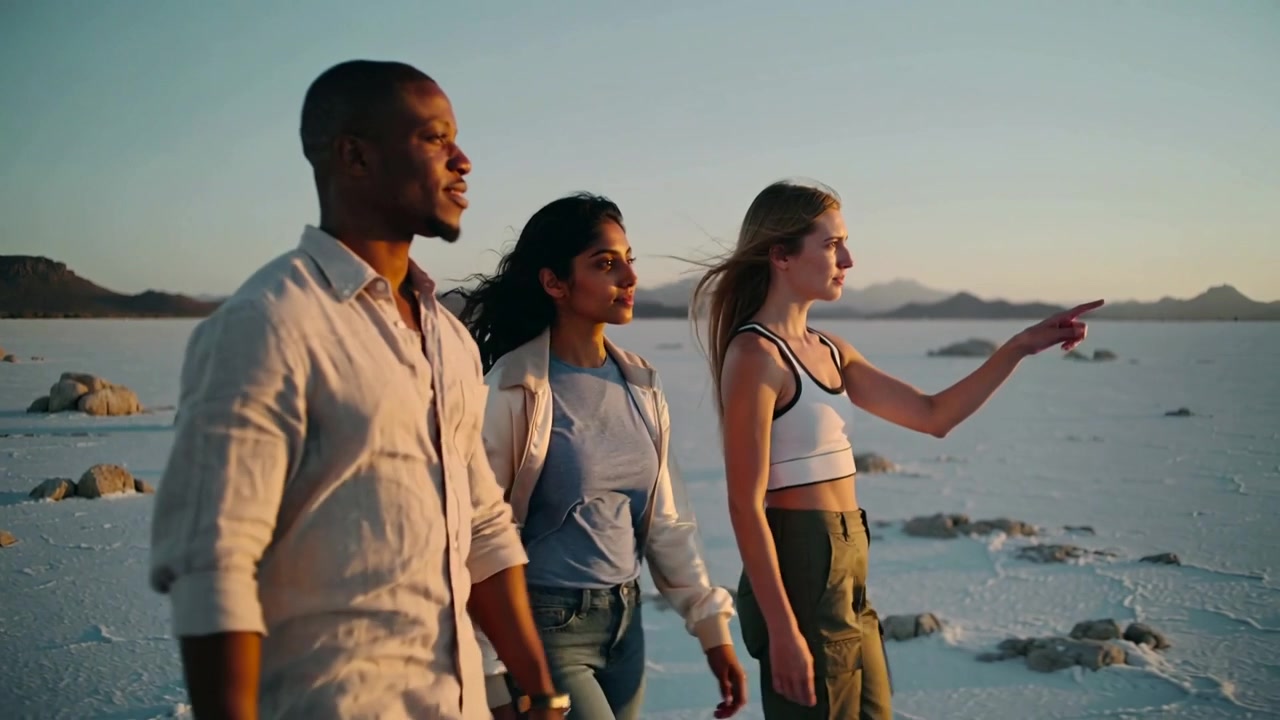 Walking three friends across salt flat at golden hour, woman in crop tank pointing, others glancing