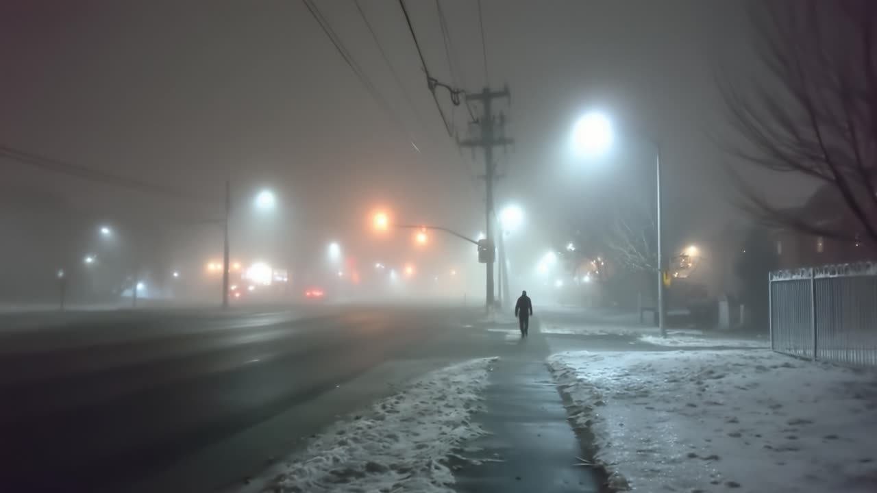 A solitary figure walks along a deserted, snow-covered street enveloped in dense fog, illuminated by streetlights and distant car headlights on a winter's night