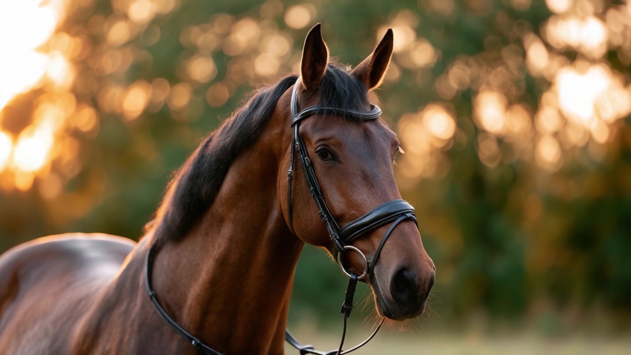 Maestoso cavallo marrone con elegante briglia, catturato durante l'ora d'oro con uno splendido sfondo sfocato che ne esalta la grazia e l'eleganza.