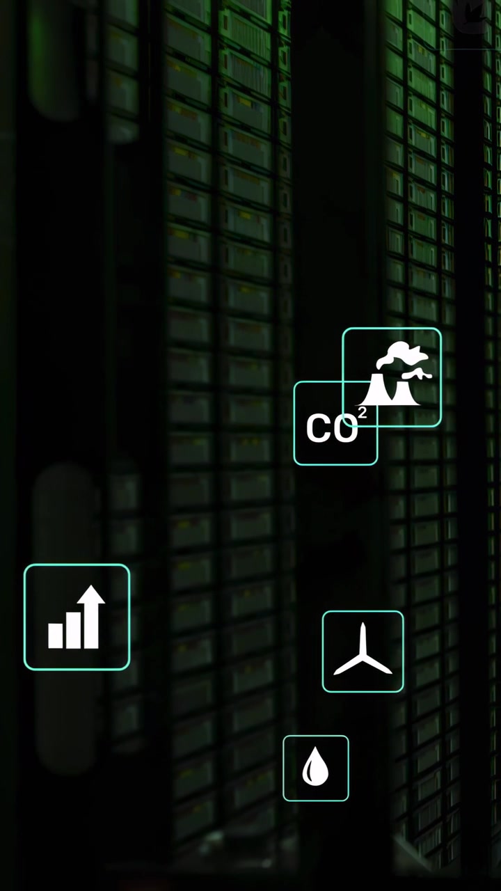 Vertical video: IT rack receiving data feed and sliding teal icons showing CO2 energy metrics