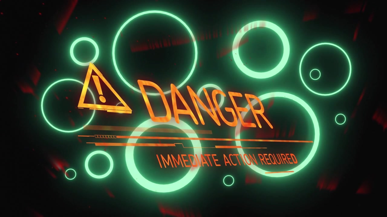 Animation of danger text over neon circles on dark background