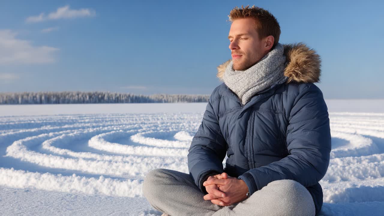 A Serene Moment of Meditation in Winter: Embracing Tranquility Amidst Snowy Landscapes and Intricate Patterns