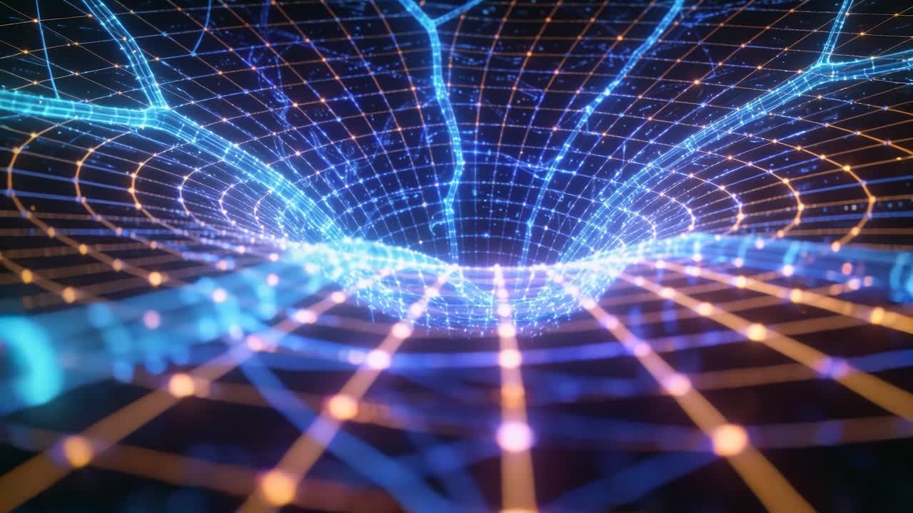 Blue currents pulling orange nodes, deforming wireframe grid into energy well in abstract 3D space