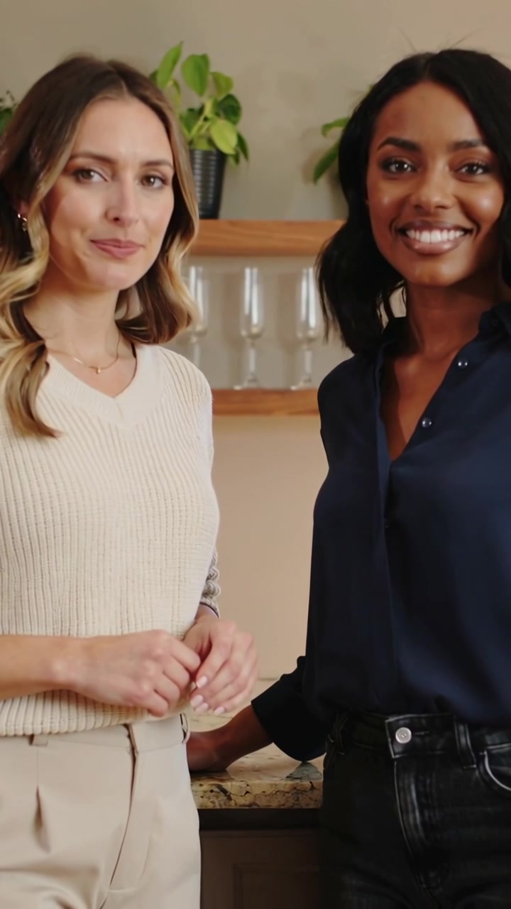 Video verticale: Donne sorridenti che reagiscono alla telecamera in una cucina di casa, in posa per una dimostrazione, toccando il bancone.