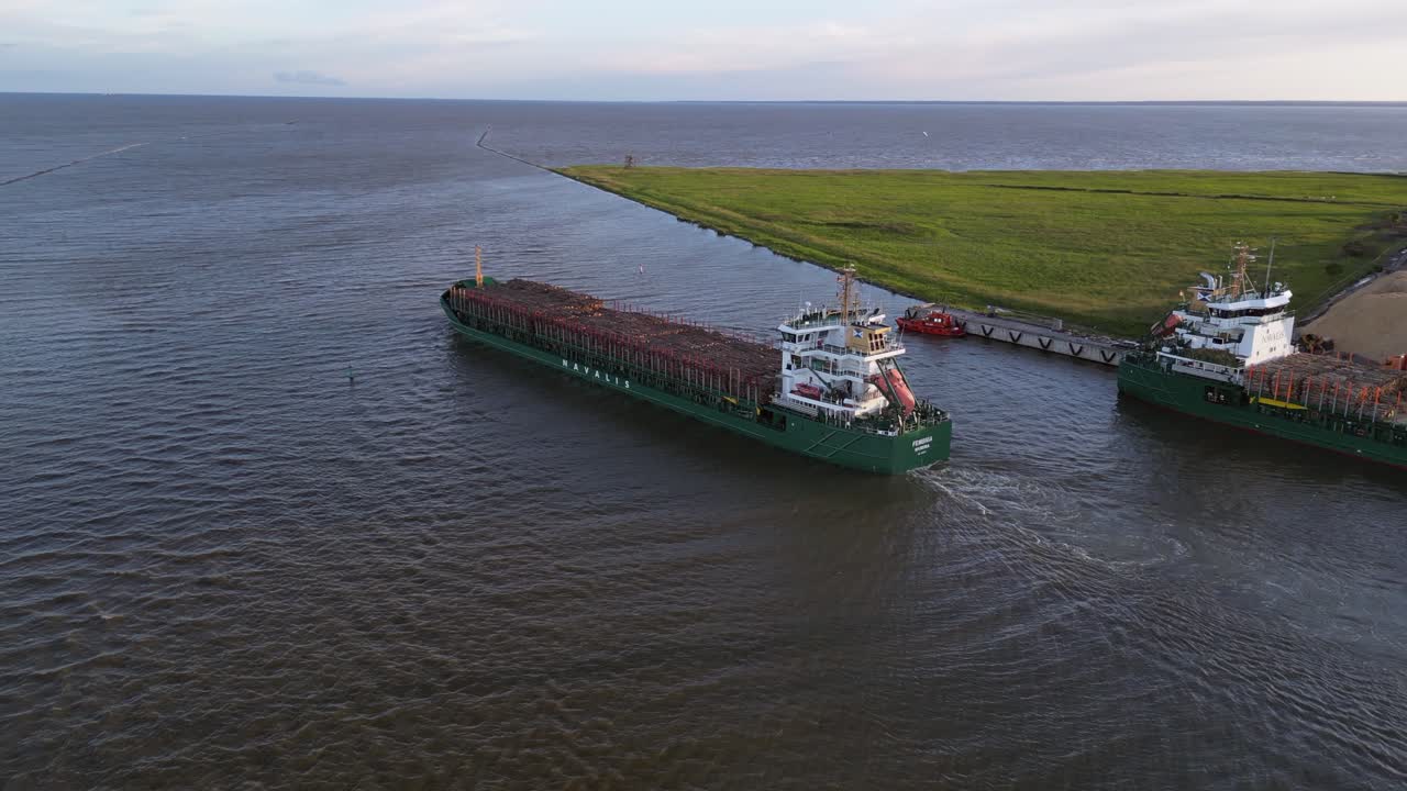 Shipping freighter loaded with softwood trees leaves port into sea