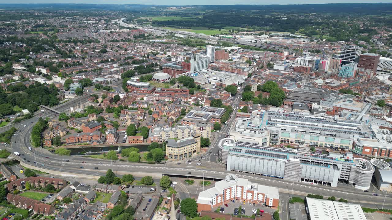 Reading town centre Berkshire UK high angle establishing aerial shot