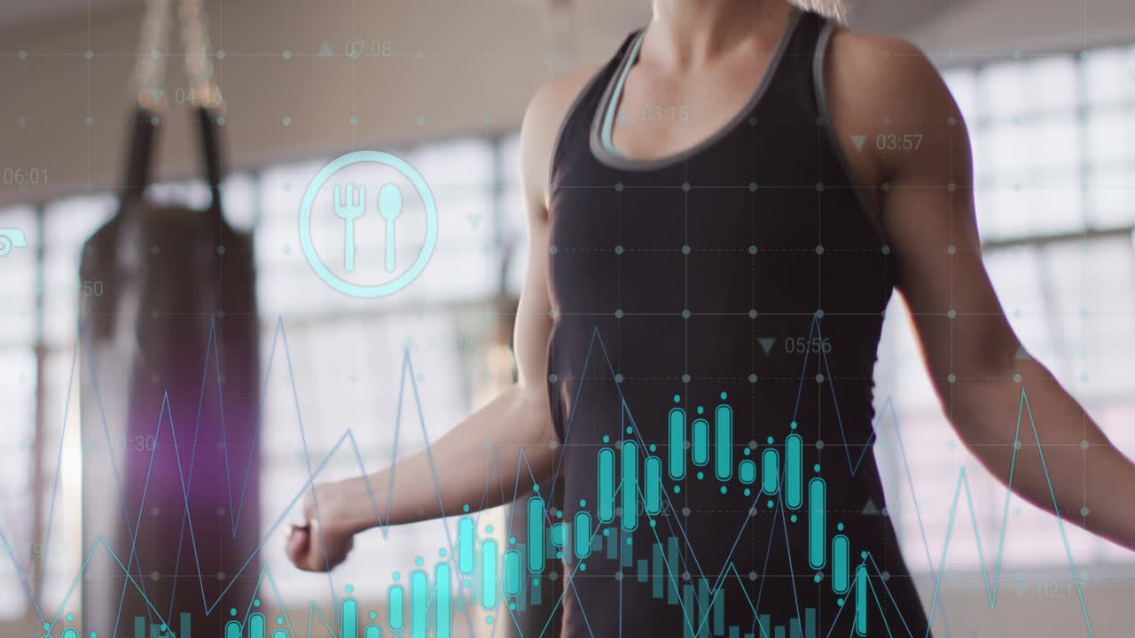 Woman jumping rope in gym, hands entering revealing rope while data charts tracking fitness metrics