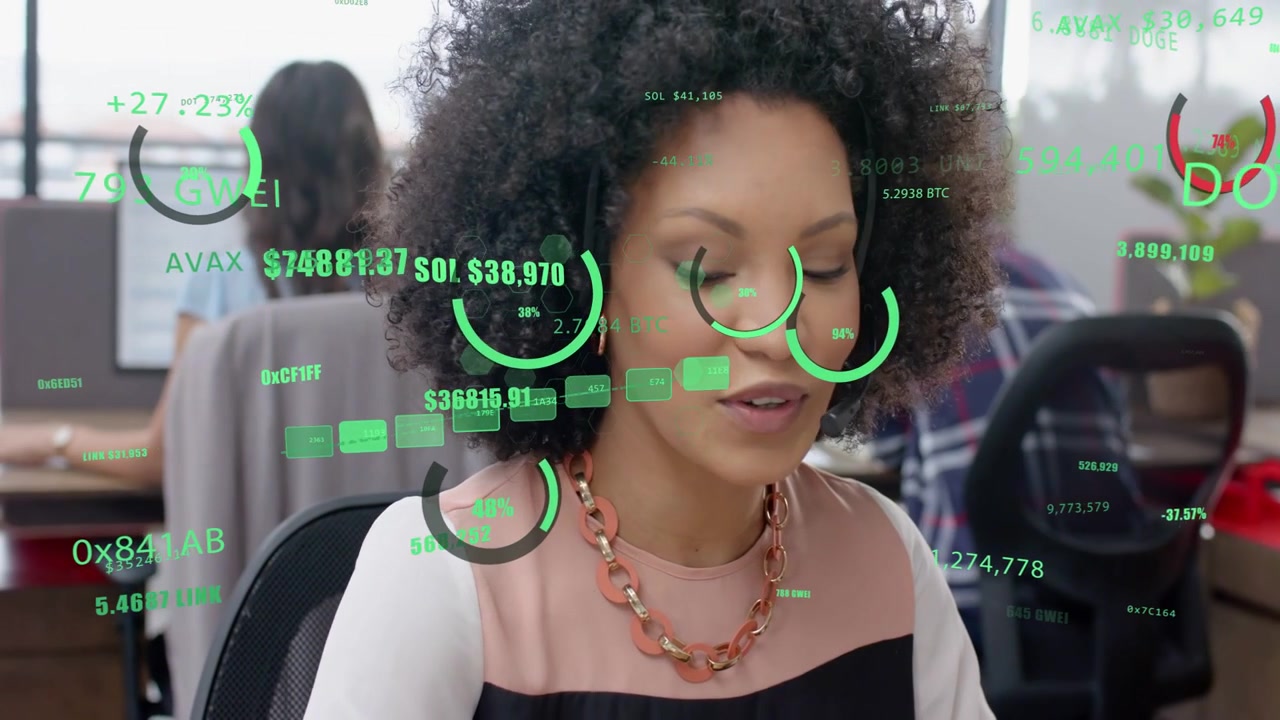 Woman reacting to animated crypto HUD appearing, typing, tracking tickers, touching ear