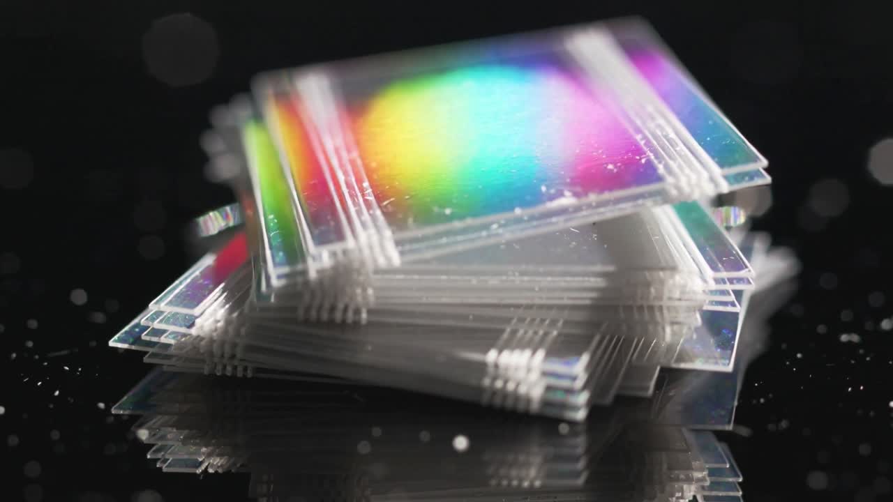 Pulling camera revealing clear plate stack on glossy black base, highlighting rainbow band and dust