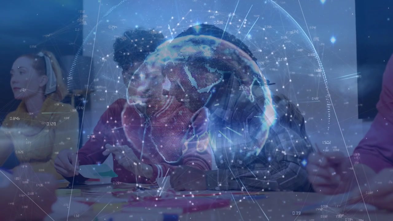 Class team leaning cutting sorting paper as globe overlay rising over table showing learning web