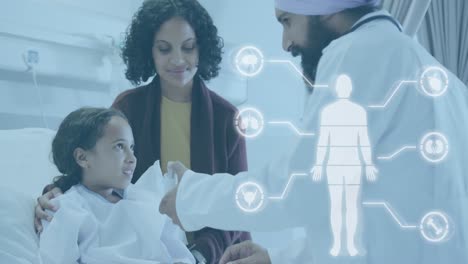 animación del procesamiento de datos médicos sobre un médico biracial con una paciente de sexo femenino
