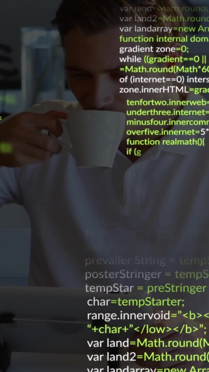 Vertical video: Developer reviewing code overlay appearing over face, sipping mug, using tablet