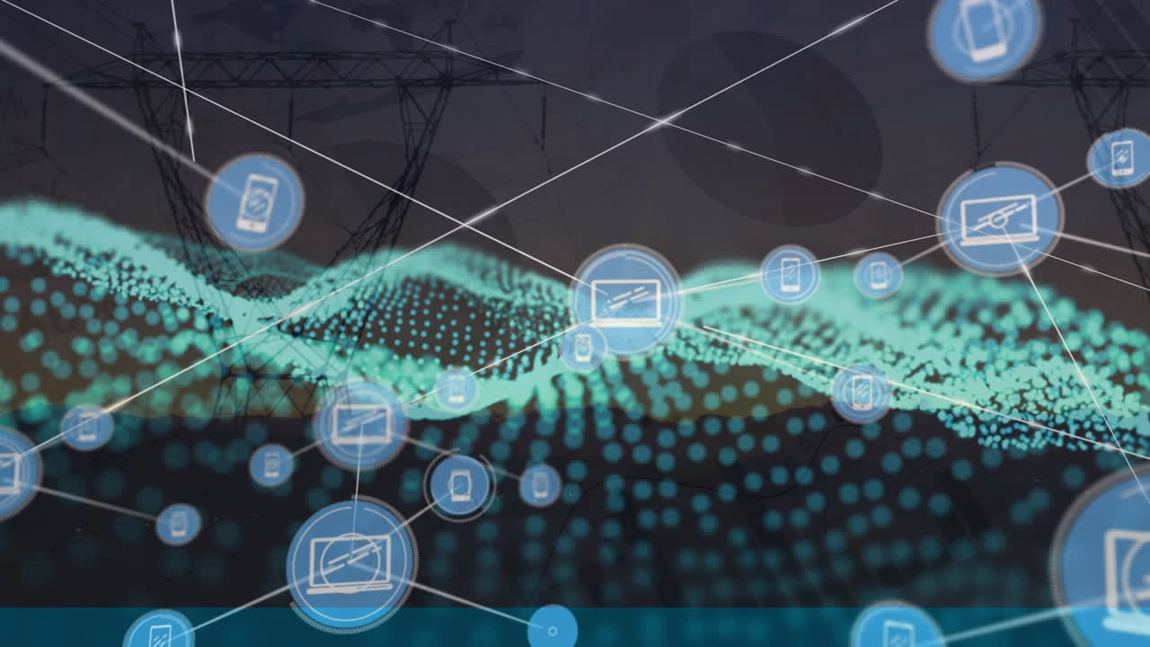 animación de conexiones y brillo sobre postes de electricidad al atardecer