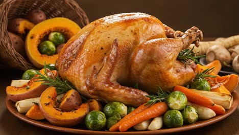 a deliciously roasted turkey surrounded by fresh vegetables like carrots, brussels sprouts, and squash, perfect for a festive meal or family gathering