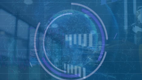 Animation-of-eye,-graphs,-loading-circles-and-globes-over-empty-warehouse