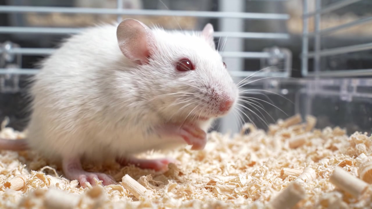 Primo piano di un topo bianco da laboratorio nel suo habitat che mostra la sua curiosità e le sue caratteristiche uniche, mettendo in mostra il suo naso rosa e i suoi occhi luminosi in un ambiente di lettiera accogliente.