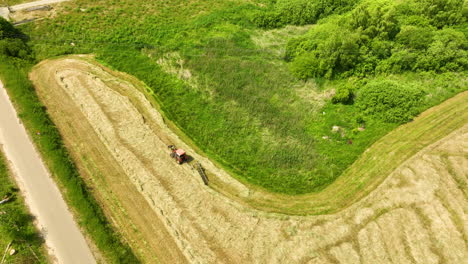 vista aérea de un tractor trabajando en un campo, creando filas de heno cortado