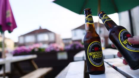 two beer bottles clinking together outdoors