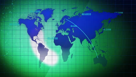 animación de coordenadas globales y puntos de datos sobre el mapa del mundo con fondo de cuadrícula verde