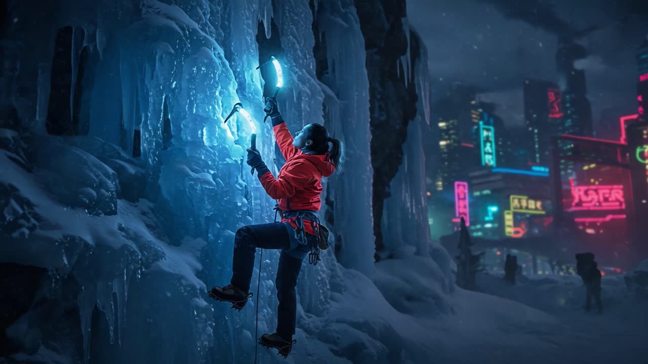 A Determined Climber Ascends a Frigid Ice Wall Under Neon City Lights, Displaying Strength, Skill, and Resolve Against a Stunning Urban Backdrop