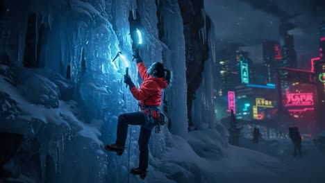 a determined climber ascends a frigid ice wall under neon city lights, displaying strength, skill, and resolve against a stunning urban backdrop