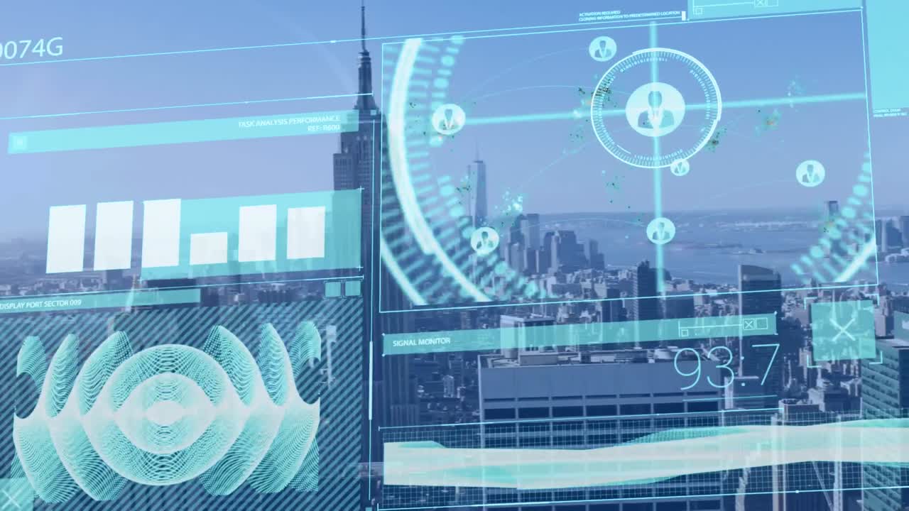 Animation of profile icons, graph, soundwave and changing numbers over modern city