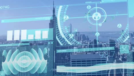 Animation-Von-Profilsymbolen,-Diagrammen,-Schallwellen-Und-Sich-ändernden-Zahlen-über-Der-Modernen-Stadt