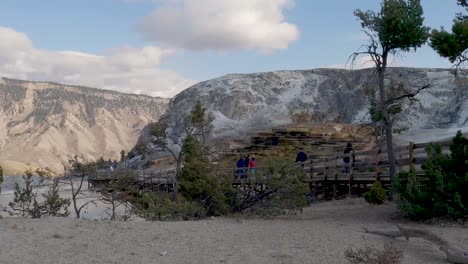 mammoth hot springs yellowstone national park timelapse of tourists on the boardwalks with the passing of clouds on a windy day