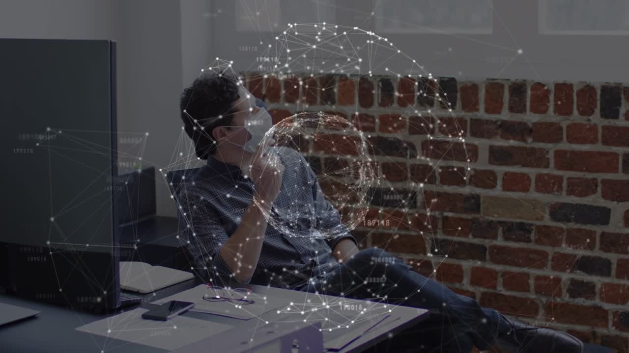 Animation of spots and globe over caucasian businessman with face mask