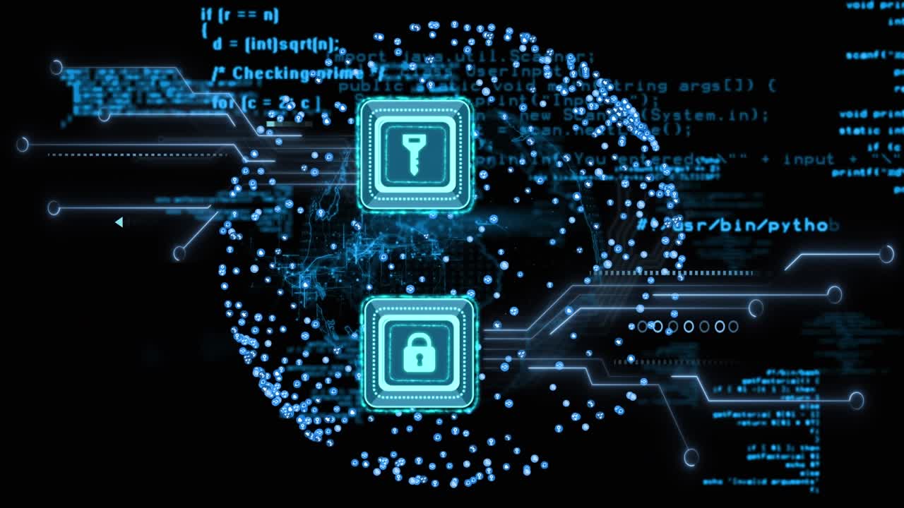 Digital video showcases global internet security through binary and icon compositions