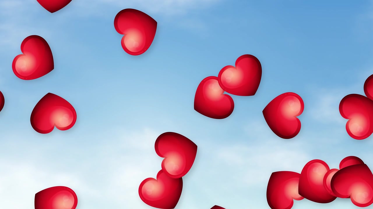 Forme di cuori rossi animate fluttuano verso l'alto attraverso un cielo blu soleggiato con soffici nuvole bianche