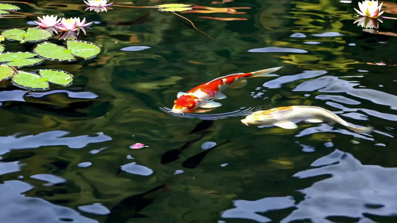 A serene top-down video shot of a koi fish swimming in a pond, surrounded by lily pads