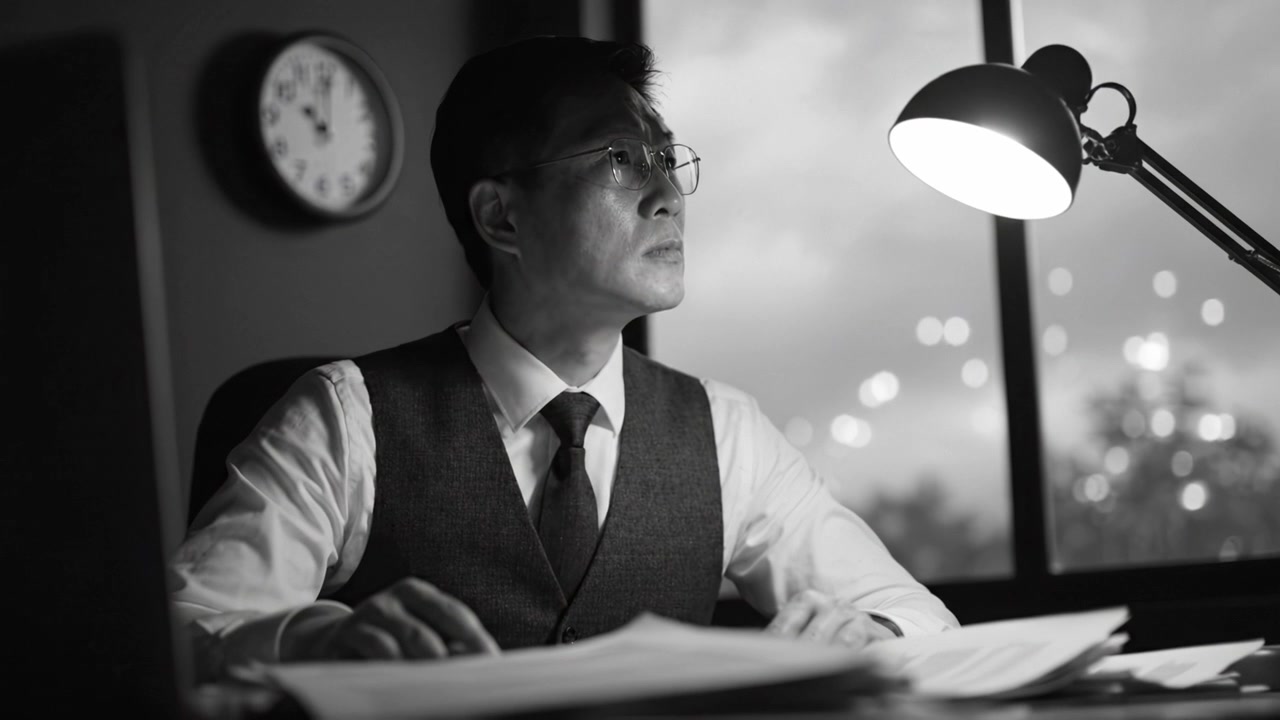 A Professional Male Figure Focused on Writing Documents Under Dim Light in a Cozy Office Setting, Conveying Dedication and Concentration during Late Evening Hours