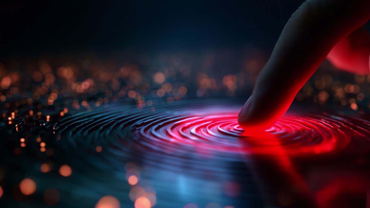 A mesmerizing exploration of light and water, showcasing a finger creating vibrant ripples in a luminous surface, where each touch generates waves that shimmer with colorful brilliance and depth