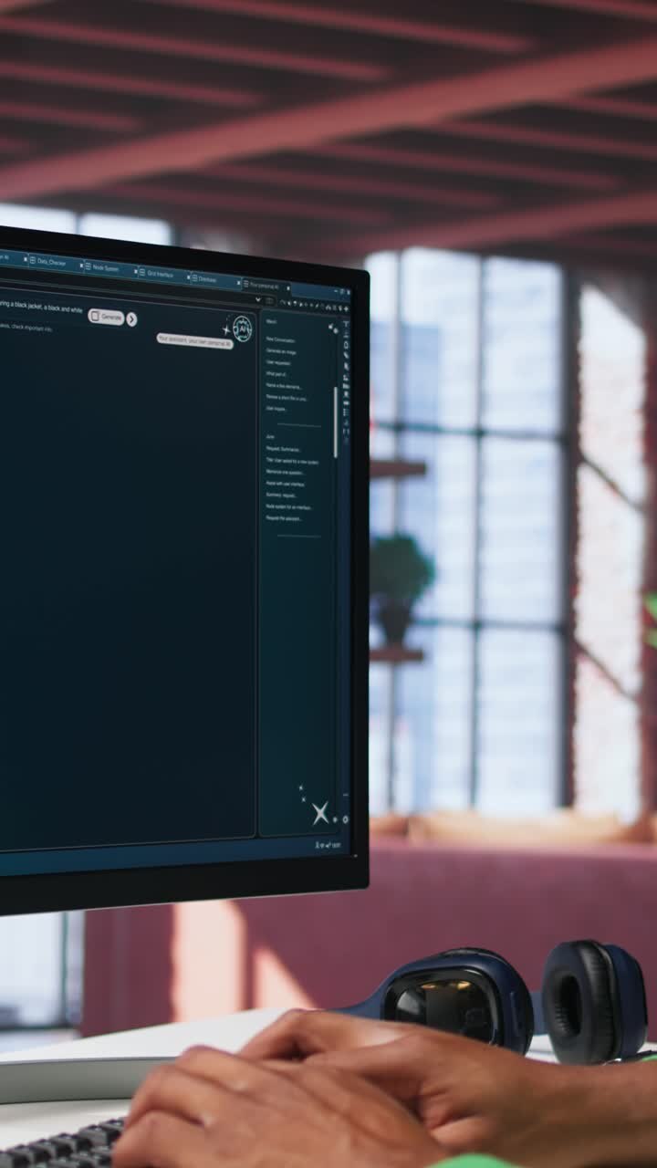 Video verticale. Utente afroamericano che utilizza un programma di IA generativa per creare foto digitali.