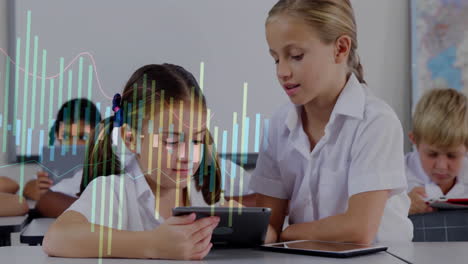 financial data analysis animation over school children using tablets in classroom