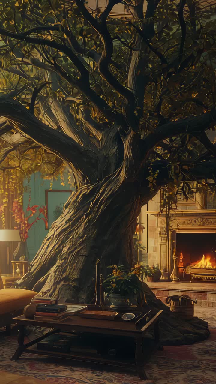 Vertical video: Flickering fireplace illuminating massive tree trunk in parlor, with coffee table