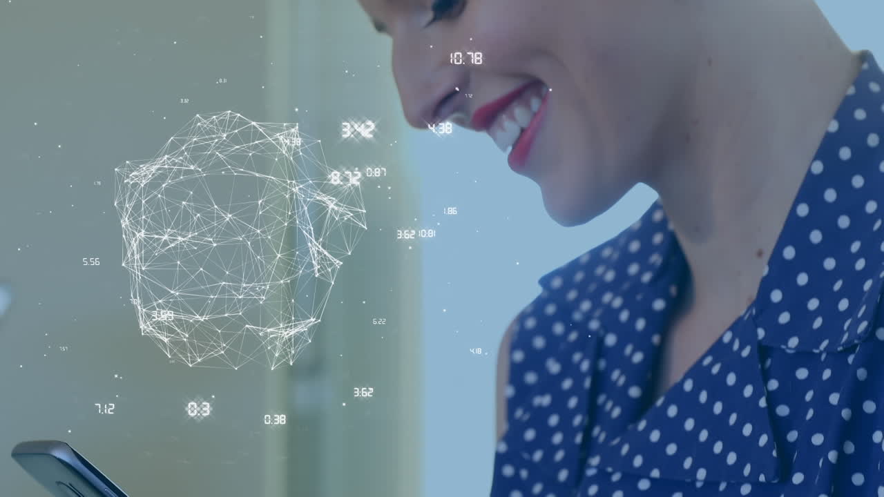 스마트폰을 사용하는 행복한 백인 여성의 손을 통해 지구와 연결되는 애니메이션