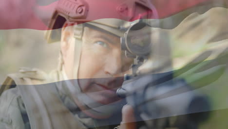 animation of flag of russia over caucasian soldier with gun