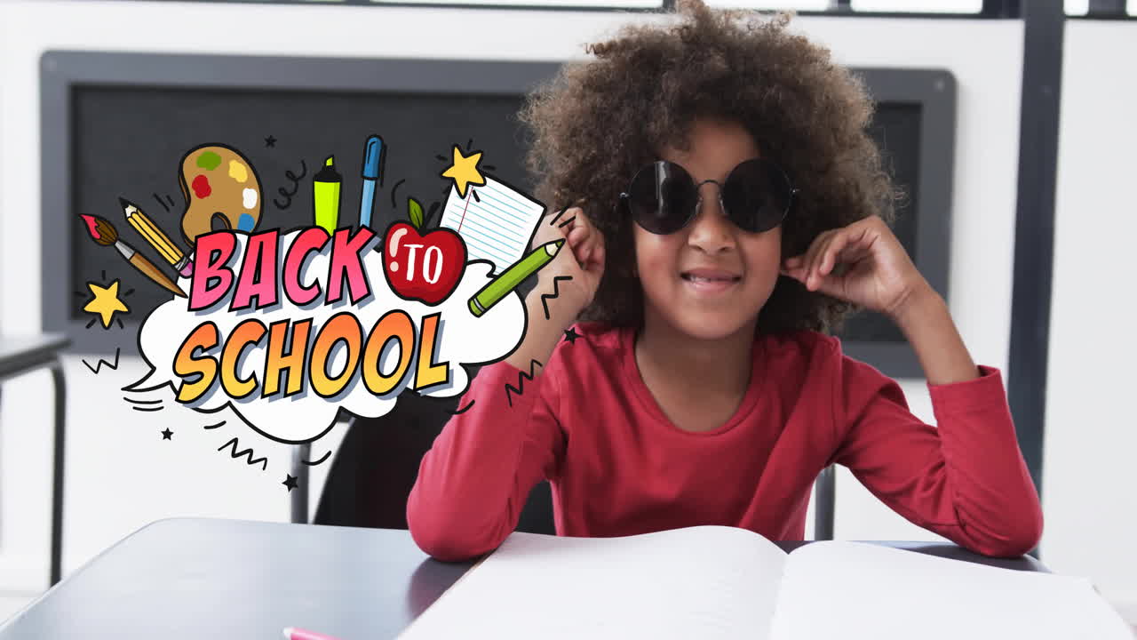 Animation of back to school text over biracial schoolgirl wearing sunglasses