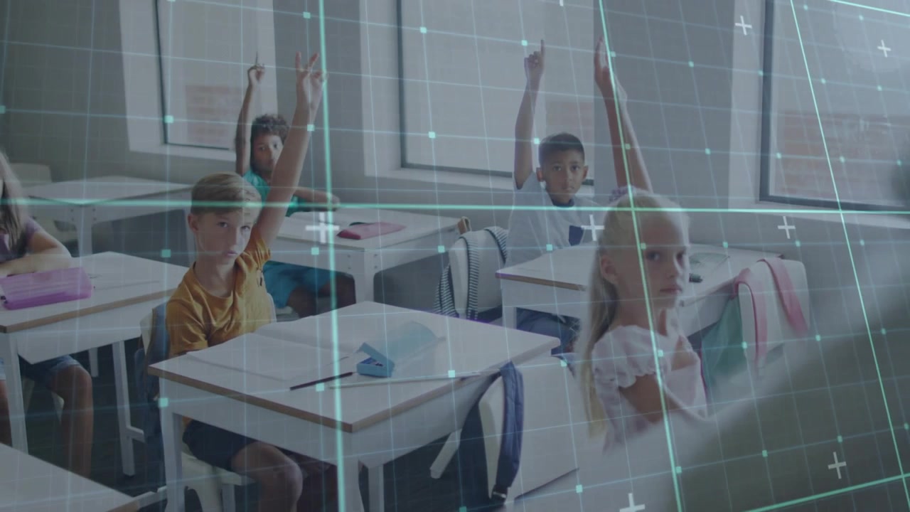 Students responding to teacher gesturing in class, raising hands to answer under holographic grid