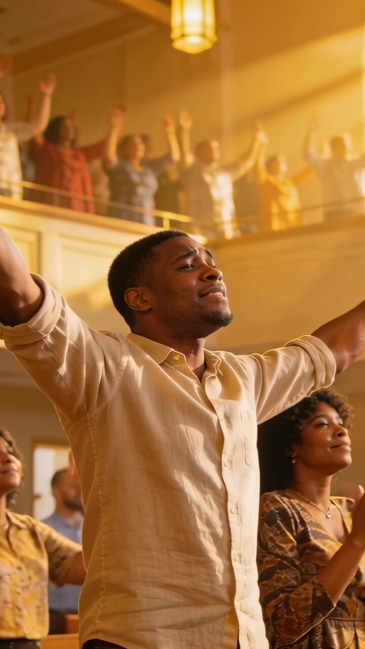 Vertical video: Song starting, man in beige shirt lifting arms and praising by sunlit arched window