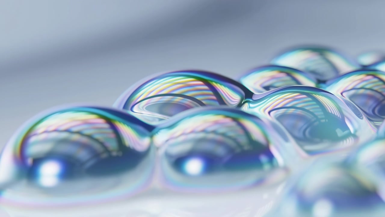 Gruppo di bolle traslucide iridescenti nella parte inferiore del primo piano, con riflessi delicati, forme lisce e arrotondate e un aspetto astratto pulito e minimale.
