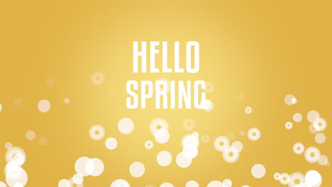 playful hello spring text with yellow background and flowers