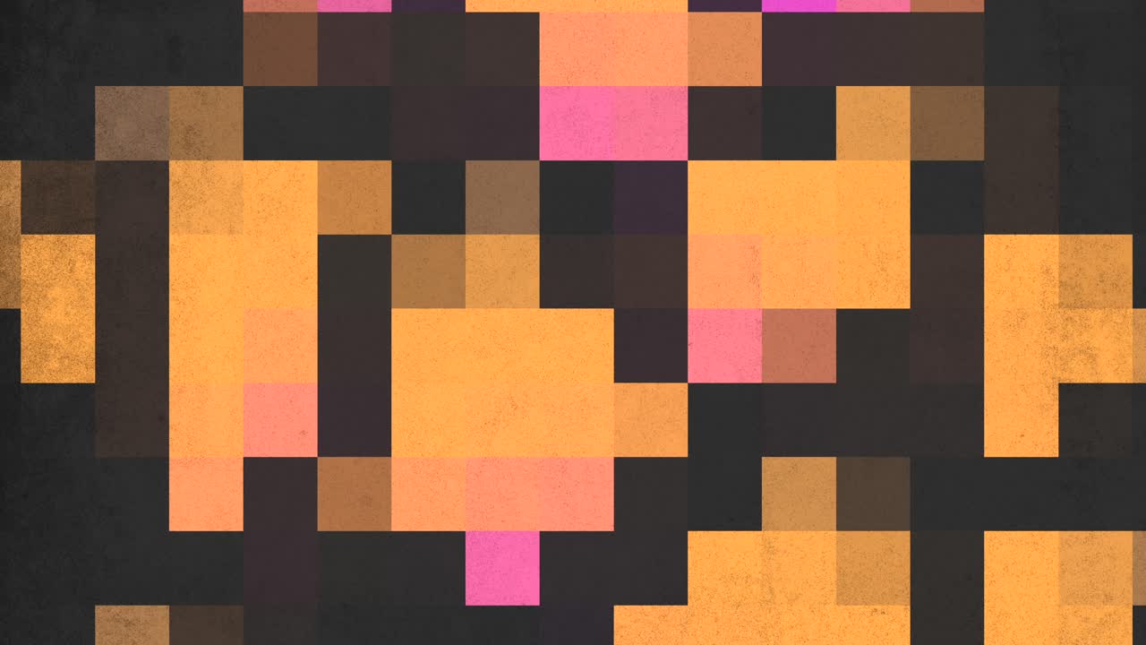 A vibrant mosaic comprising orange, pink, purple, and black squares arranged in an intricate yet visually pleasing pattern