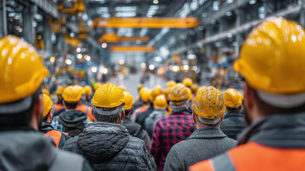 A Cohort of Workers in Safety Gear Attending a Training Session in an Industrial Warehouse, Emphasizing Teamwork and Safety Awareness in Heavy Machinery Operations
