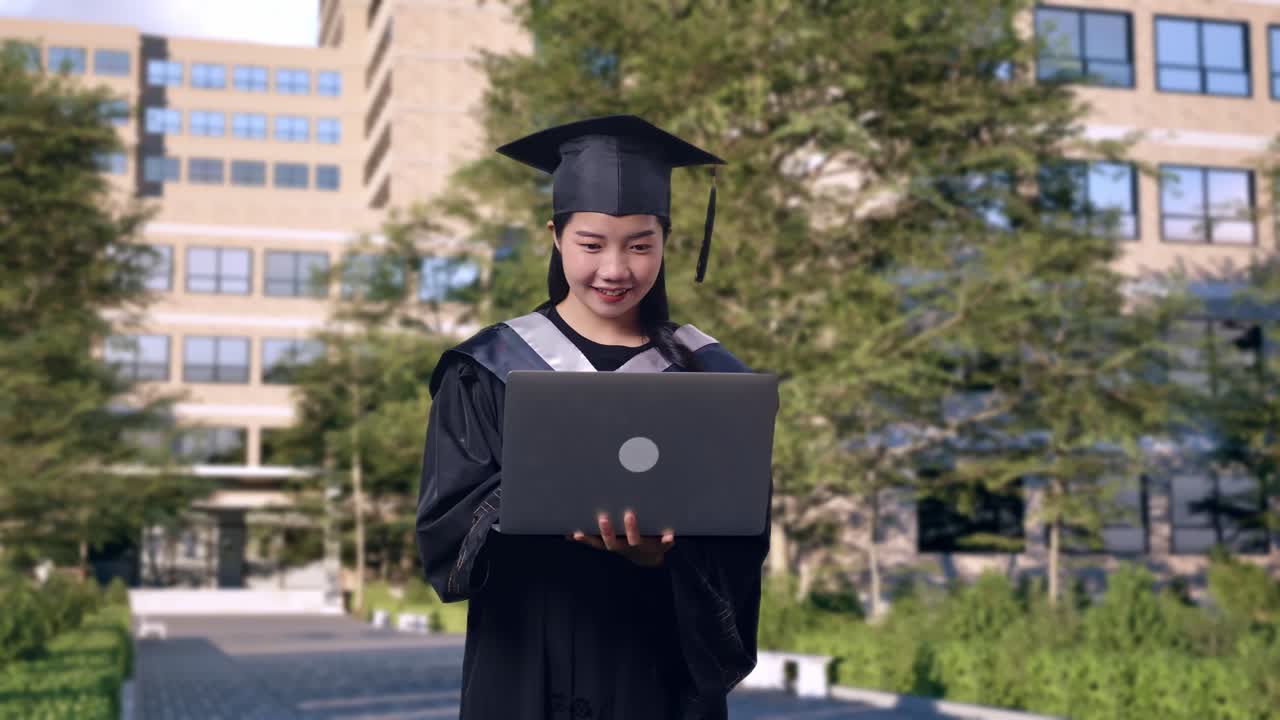 Studentessa asiatica laureata con tocco e toga che digita su un laptop mentre è in piedi davanti a un magnifico edificio universitario.